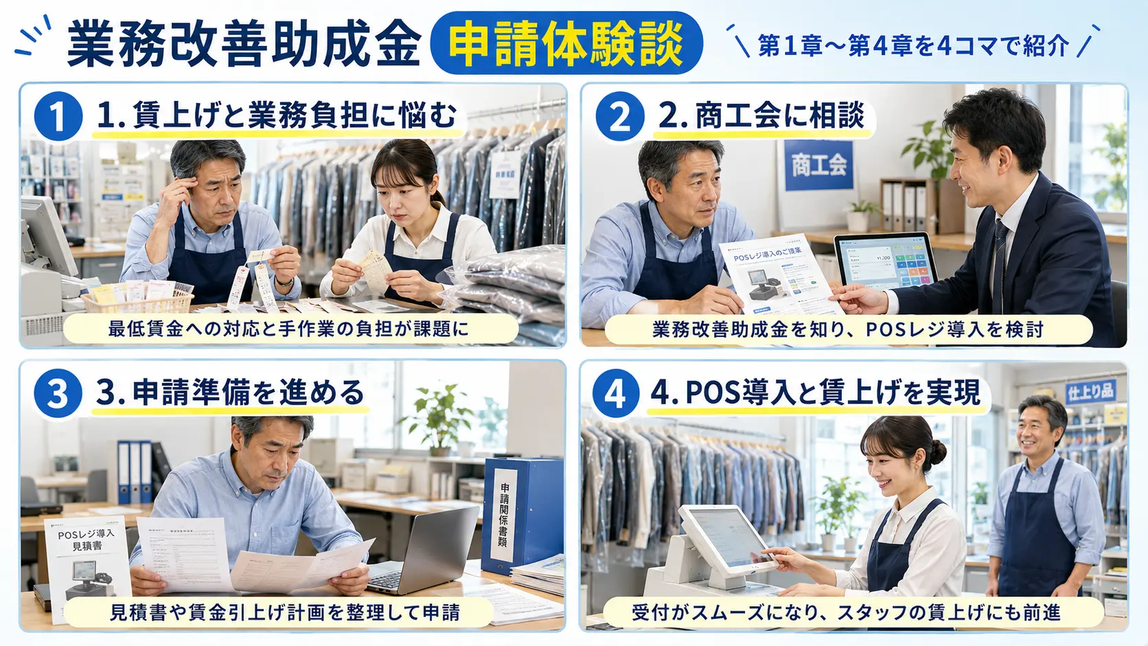 業務改善助成金の申請体験談｜小さなクリーニング店がPOSレジ導入と賃上げに取り組んだ事例