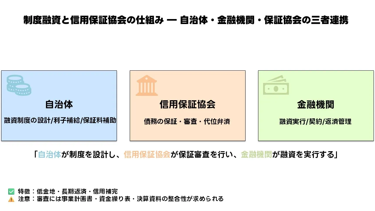 制度融資と信用保証協会・金融機関・自治体の三者連携図
