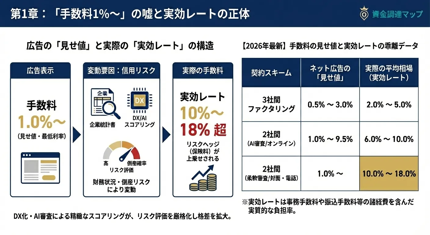 広告手数料と実際の手数料（実効レート）の乖離を示す図解 資金調達マップ