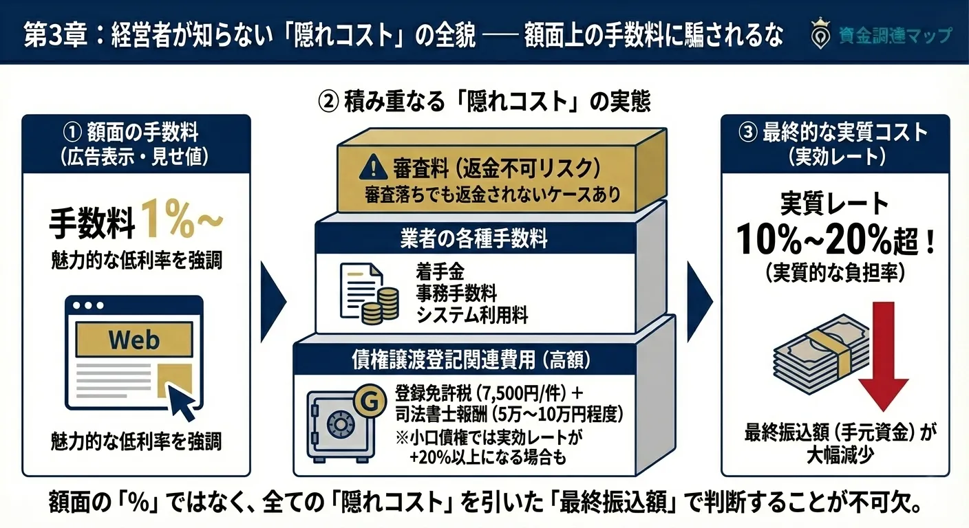 ファクタリング手数料以外に引かれる諸費用の内訳と実効レートの計算 資金調達マップ