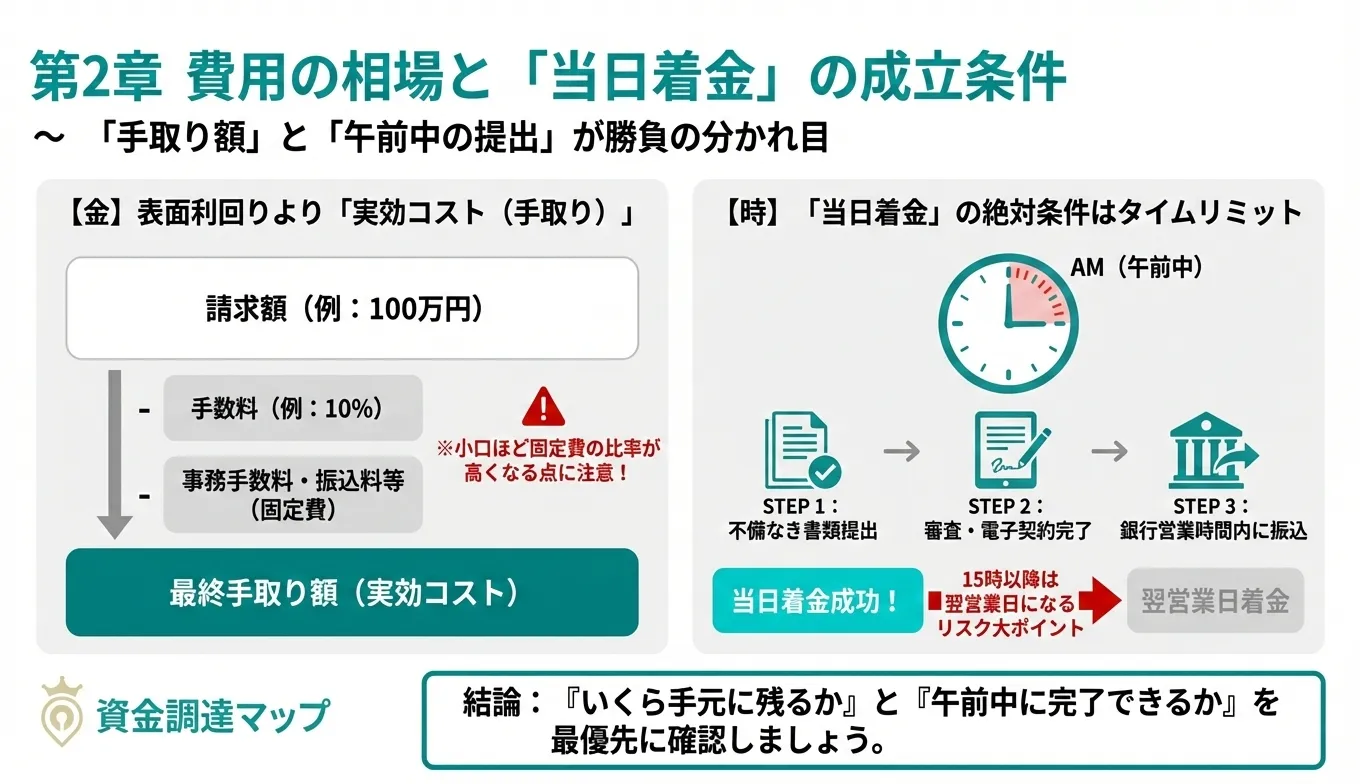 費用の相場と当日着金の成立条件
