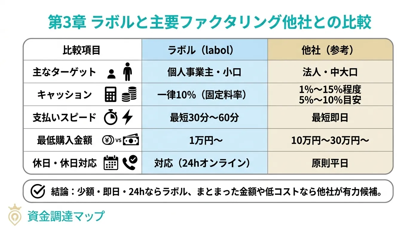 ラボルと主要ファクタリング他社との比較