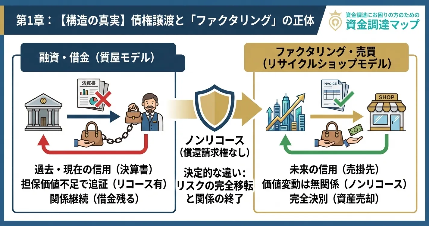 ファクタリングと銀行融資の決定的な構造の違い｜売買と貸借の比較図解
