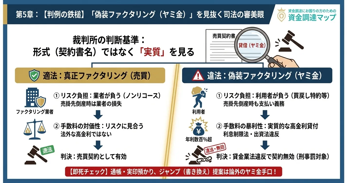 偽装ファクタリング（ヤミ金）と正規取引の司法判断基準｜経済的実質説に基づく償還請求権とリスク負担の比較図