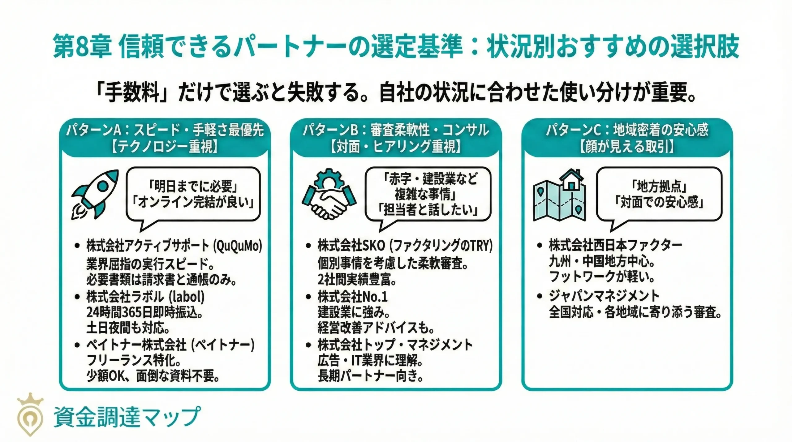 8. 信頼できるパートナーの選定基準：状況別おすすめの選択肢