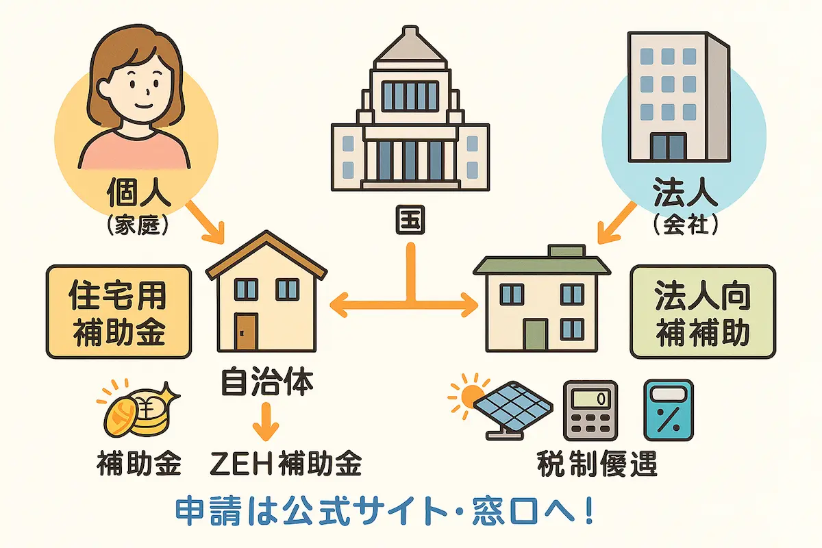 太陽光発電 補助金・税制優遇 相関図イラスト